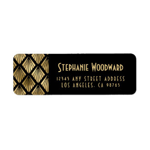 Etiqueta Elegante Gold Art Deco Fans Black Return Address