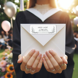 Etiqueta Elegante Graduación Borde floral blanco y negro