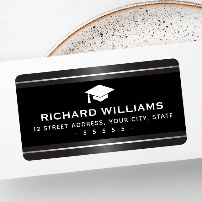 Etiqueta Elegante graduación rayas gris finas fronteras pla (Elegant graduation satin gray faux silver borders label)