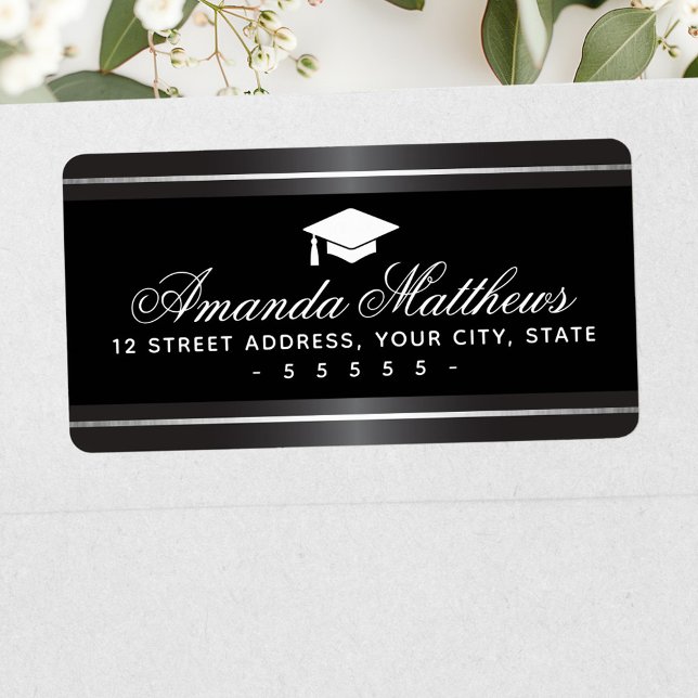 Etiqueta Elegante graduación satin gris falso borde de plat (Elegant graduation satin gray faux silver border label)