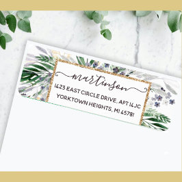 Etiqueta Elegante Greenery Script Gold Frame Return Address