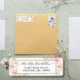 Etiqueta Elegante guión dorado rosa rosado botánico en vege