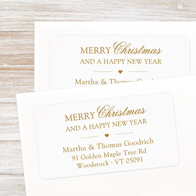 Etiqueta Elegante guión Feliz Navidad Regreso de oro Direcc (Simple, Elegant Merry Christmas and a Happy New Year return address label with small golden heart.)