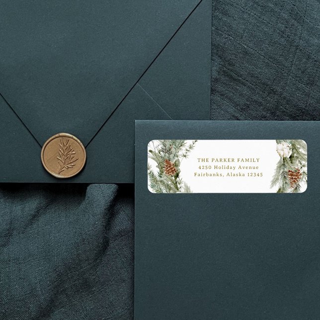 Etiqueta Elegante guirnalda de pino y vegetación | Navidade (Elegant holiday return address labels with a traditional Christmas wreath)