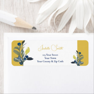 Etiqueta Elegante Invitación de Boda Floral y Mostaza Azul 