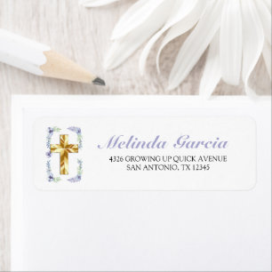 Etiqueta Elegante lavanda cruza de oro bautizo bebé