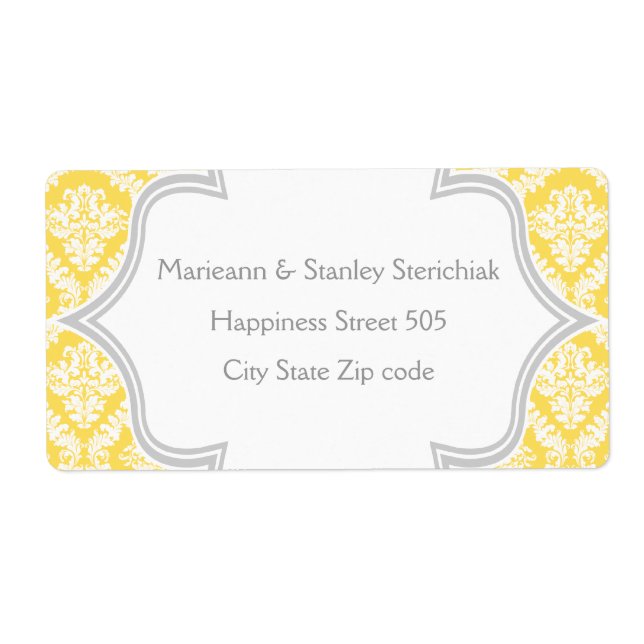 Etiqueta Elegante limón amarillo, boda damasco gris (Frente)