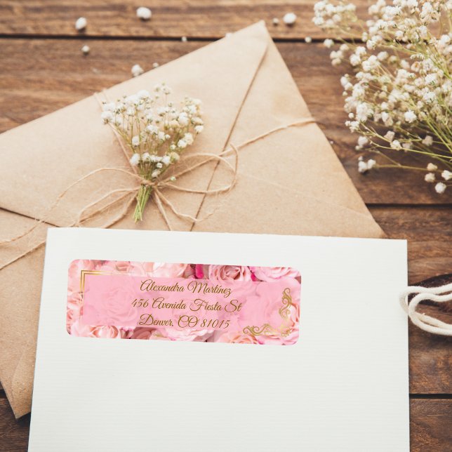 Etiqueta Elegante Marco Dorado Rosa Rosa Floral Quinceañera (Subido por el creador)