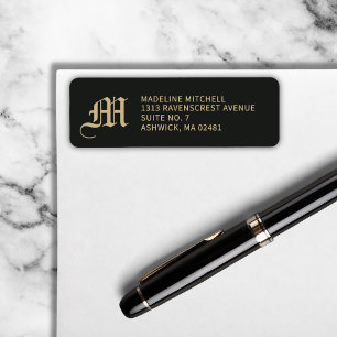 Etiqueta Elegante Moderno Gótico Negro Dorado Monogramado