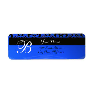 ETIQUETA ELEGANTE MONOGRAMA AZUL NEGRO DAMASK