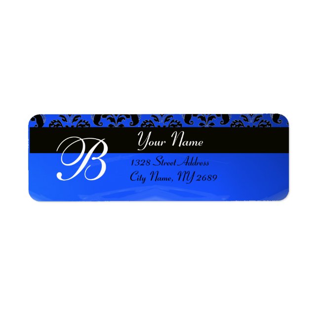 ETIQUETA ELEGANTE MONOGRAMA AZUL NEGRO DAMASK (Frente)