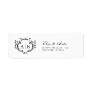 Etiqueta Elegante Monograma Escudo Boda blanco y negro