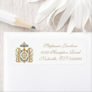 Etiqueta Elegante Monograma Floral Mariano Católico