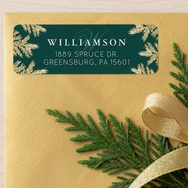 Etiqueta Elegante Monograma Forestal Verde y Dorado (Elegant Forest Green & Gold Pine Forest Monogram Label)