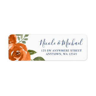 Etiqueta Elegante Naranja azul de la marina acuarela floral