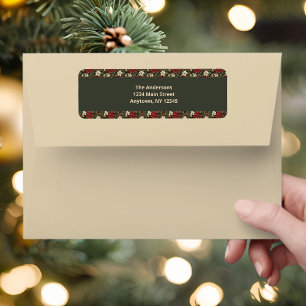 Etiqueta Elegante Navidad con Cuadros Burgundy y Flor de Pa
