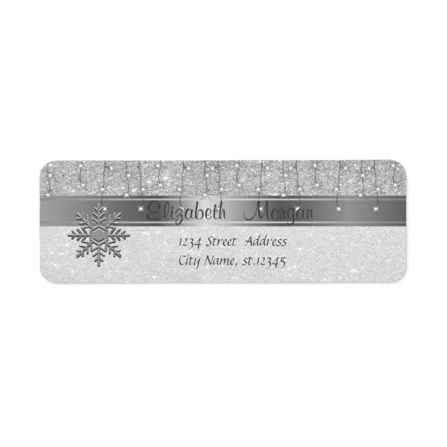Etiqueta Elegante, Navidad, Copo de Nieve Plateado Brillant (Frente)