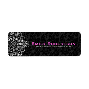 Etiqueta Elegante negro Damask Silver Metallage Lace