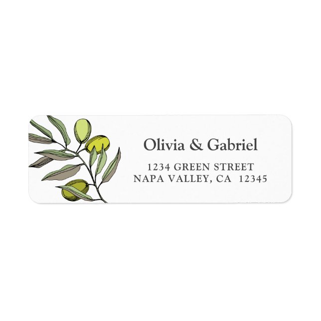Etiqueta Elegante oliva. Dirección del boda simple botánico (Frente)