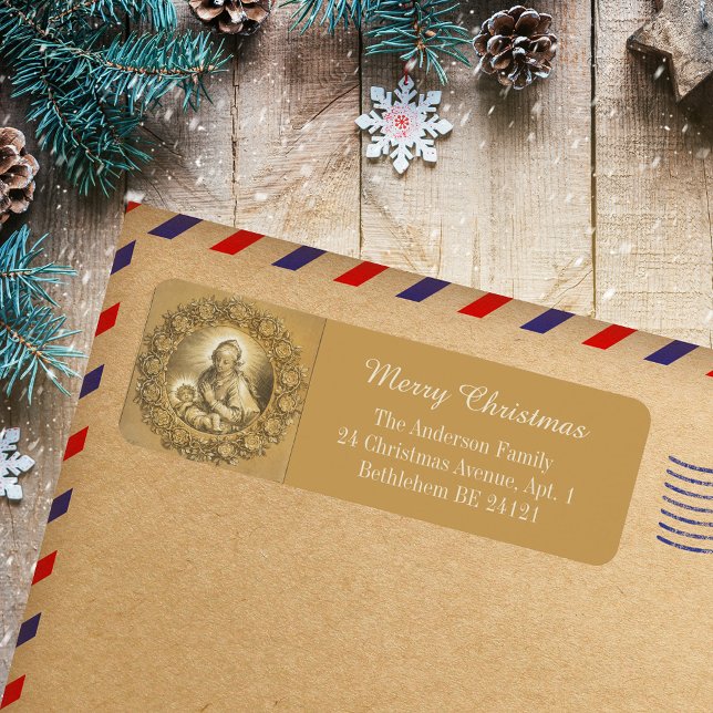 Etiqueta Elegante oro Religioso Feliz Navidad Natividad (Gold Elegant Religious Christian Catholic Merry Christmas Nativity Holiday Return Address Labels)