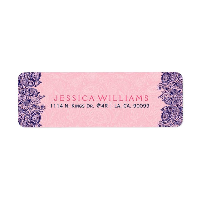 Etiqueta Elegante Paisley Azul Rosa Y Marina (Frente)