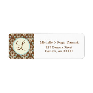 Etiqueta Elegante Personalizado Damask Monograma Azul Blanc