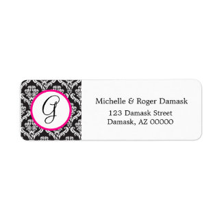 Etiqueta Elegante Personalizado Damask Monograma Rosa Blanc