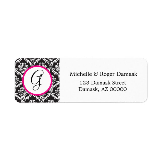 Etiqueta Elegante Personalizado Damask Monograma Rosa Blanc (Frente)