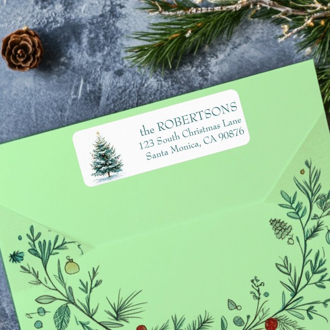 Etiqueta Elegante PERSONALIZADO de Árbol de Navidad de acua (Elegant Watercolor Christmas Tree CUSTOM Return Address Label
)