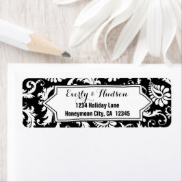 Etiqueta Elegante Personalizado Floral Damask Negro y Blanc