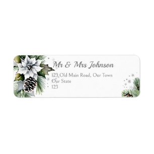 Etiqueta Elegante pino nevado poinsettia blanca