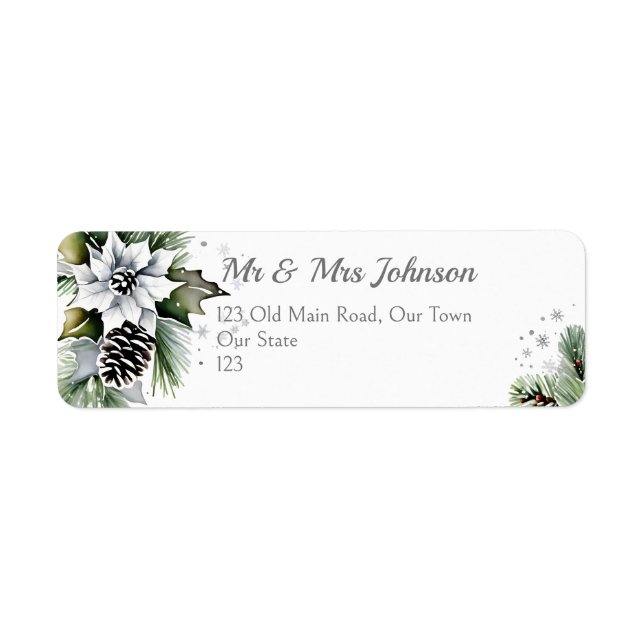 Etiqueta Elegante pino nevado poinsettia blanca (Frente)