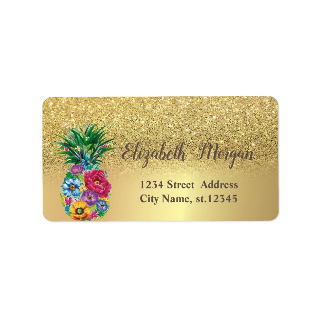 Etiqueta Elegante Purpurina de oro Ombre Floral Piña (Frente)