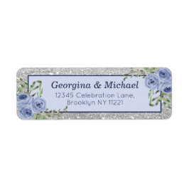 Etiqueta Elegante Purpurina Floral Azul Plata Plata Retorno