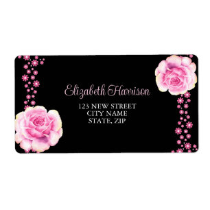 Etiqueta Elegante Rosa Floral Dirección Negra