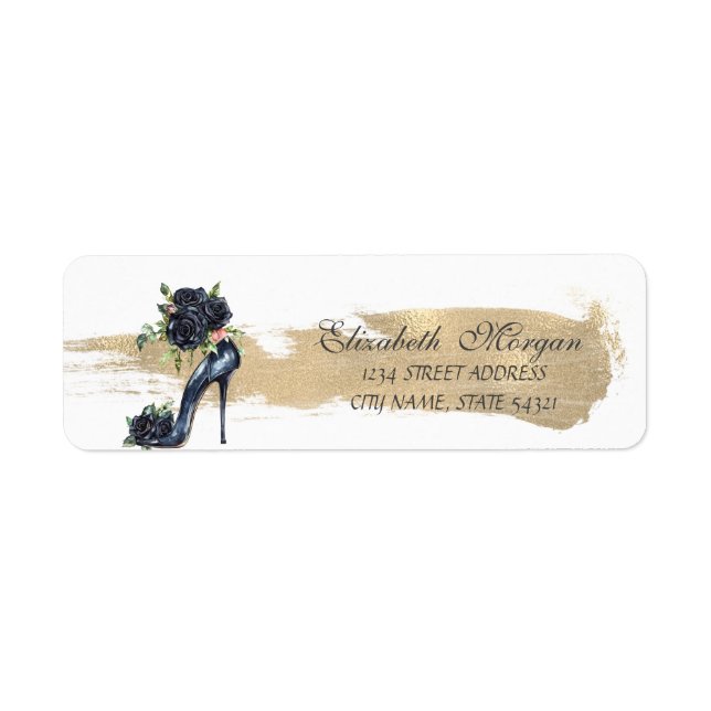 Etiqueta Elegante Rosas negros tacones altos cepillo de oro (Frente)