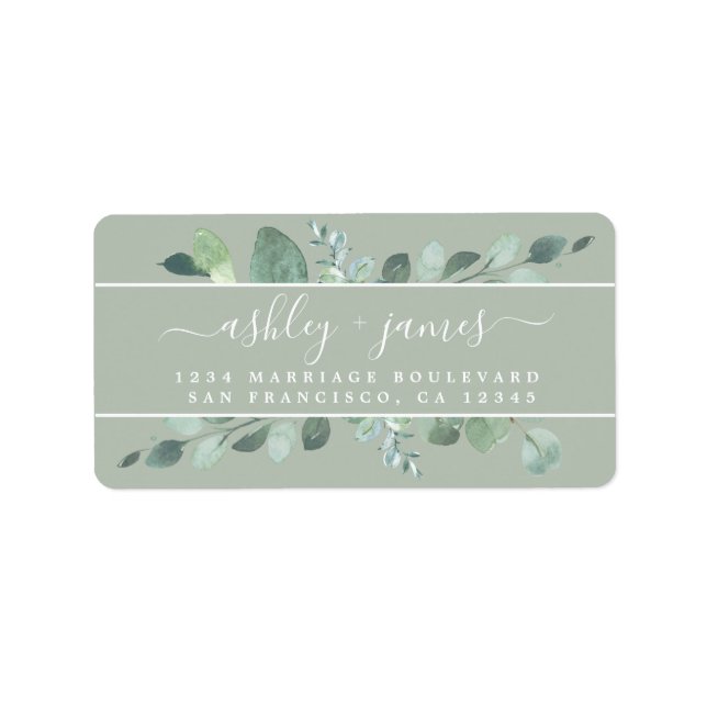 Etiqueta Elegante Script Greenery Boda Dirección de Retorno (Frente)
