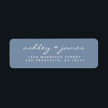 Etiqueta Elegante Script Vintage Blue Boda Return Address<br><div class="desc">Moda, moderna y sencilla etiqueta de la dirección de retorno boda con sus nombres en blanco y elegante escritura a mano en un fondo azul vintage. Simplemente agregue sus nombres y dirección. Diseñado exclusivamente para usted por Happy Dolphin Studio. Si necesita ayuda o productos coincidentes, póngase en contacto con nosotros...</div>
