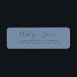 Etiqueta Elegante Script Vintage Blue Boda Return Address<br><div class="desc">Moda, moderna y sencilla etiqueta de dirección de retorno boda con sus nombres en caligrafía de escritura manuscrita elegante y fuera de negro sobre un fondo azul vintage. Simplemente agregue sus nombres y dirección. Diseñado exclusivamente para usted por Happy Dolphin Studio. Si necesita ayuda o productos coincidentes, póngase en contacto...</div>