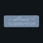 Etiqueta Elegante Script Vintage Blue Family Return Address<br><div class="desc">Moda, nombre familiar moderno y simple etiqueta de dirección de retorno con tu apellido en blanco elegante caligrafía de escritura manuscrita en un fondo azul vintage. Simplemente agrega tu nombre y dirección. Diseñado exclusivamente para usted por Happy Dolphin Studio. Si necesita ayuda o productos que coincidan, por favor contáctenos a...</div>