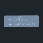 Etiqueta Elegante Script Vintage Blue Family Return Address<br><div class="desc">Moda, nombre familiar moderno y simple etiqueta de dirección de retorno con tu apellido en blanco elegante caligrafía de escritura manuscrita en un fondo azul vintage. Simplemente agrega tu nombre y dirección. Diseñado exclusivamente para usted por Happy Dolphin Studio. Si necesita ayuda o productos que coincidan, por favor contáctenos a...</div>