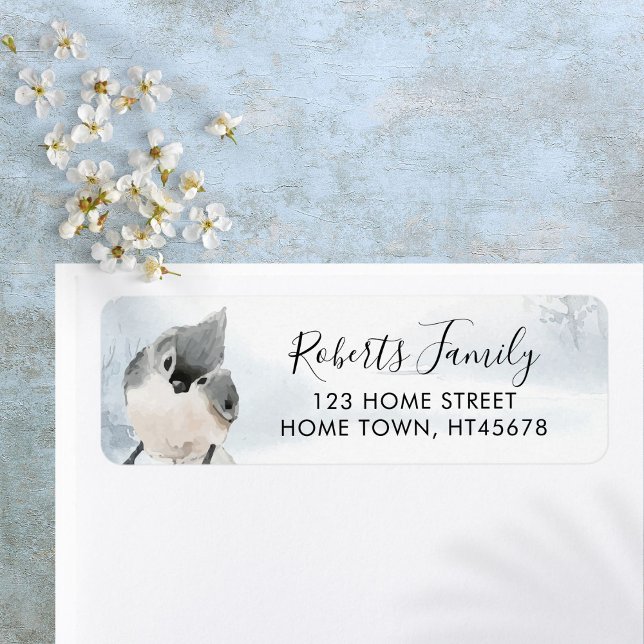 Etiqueta Elegante Script Winter Woodland Bird Dirección (Elegant Script Winter Woodland Bird Address Label)
