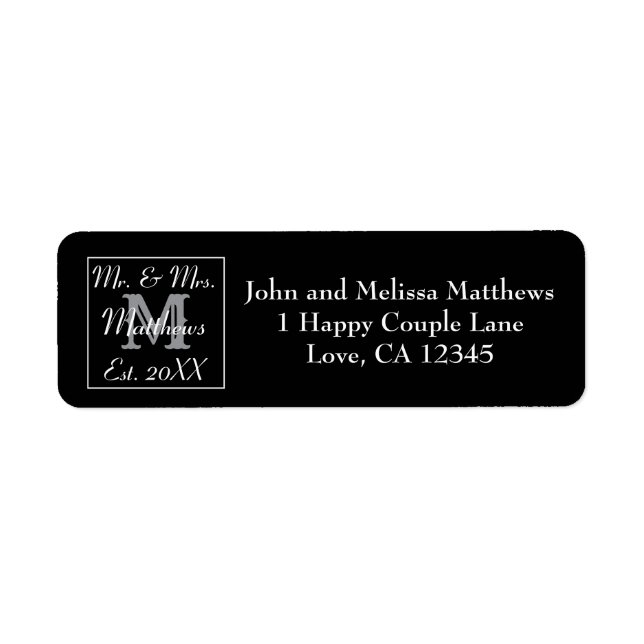 Etiqueta Elegante Sr. y Sra. Monogram Boda Black (Frente)
