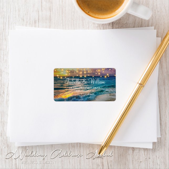 Etiqueta Elegante Sunset Beach String Luces Boda de verano (Subido por el creador)