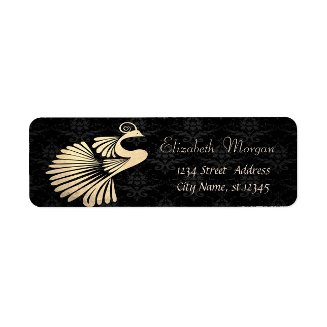Etiqueta Elegante y elegante Peacock de oro, Damasco negro (Frente)