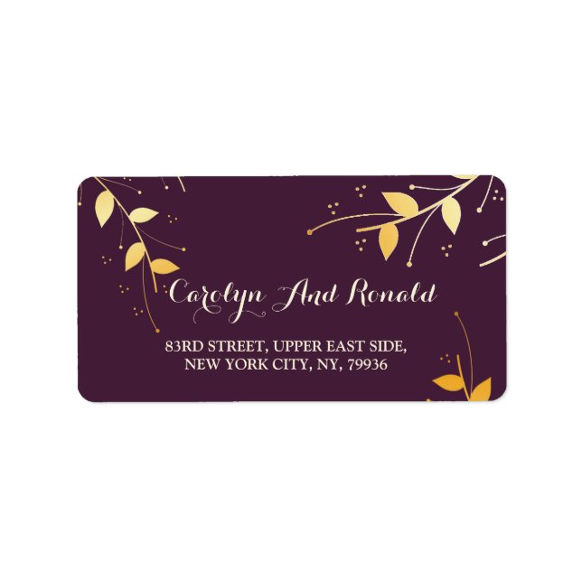Etiqueta Elegantes hojas doradas púrpura (Frente)