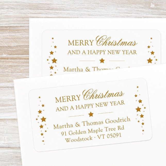 Etiqueta Elegantes Navidades de guiones Gold Stars Direcció (Elegant, festive Merry Christmas and a Happy New Year return address label with golden stars.)
