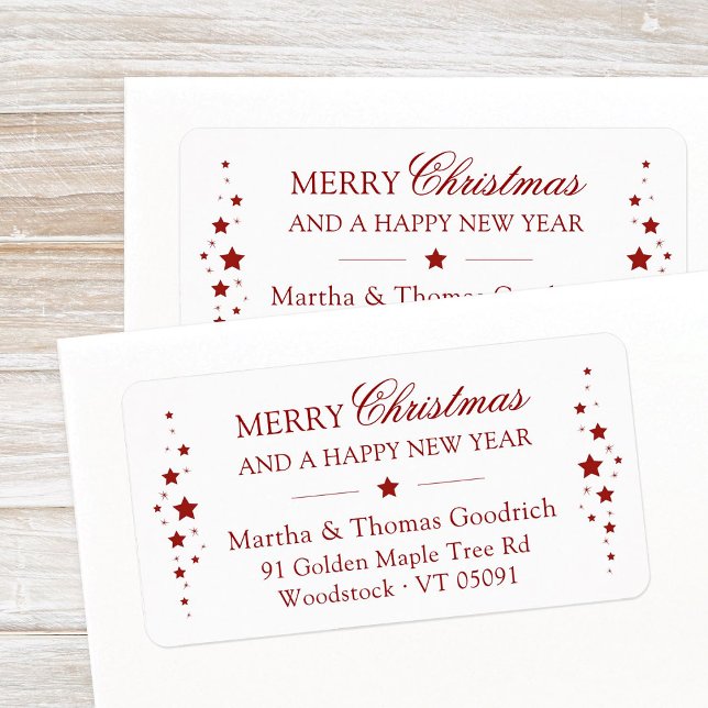 Etiqueta Elegantes Navidades de guiones Red Stars Dirección (Elegant, festive Merry Christmas and a Happy New Year large return address label with stars in red.)