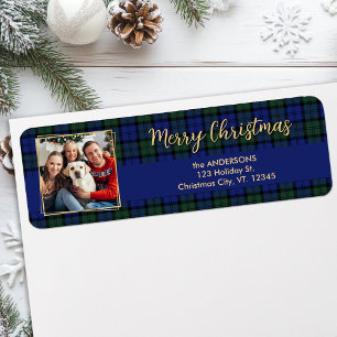 Etiqueta Elegantes Navidades Plaid Gold Photo Return Addres
