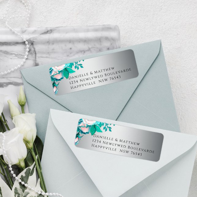 Etiqueta Elegantes Rosas de Aqua en Boda plateado (Subido por el creador)
